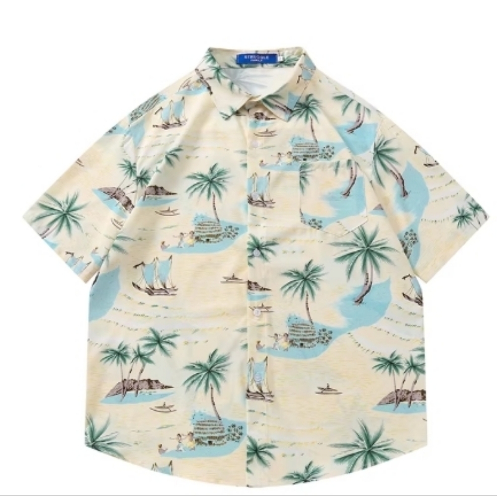 Beige Tropical Island Sailboat Print Shirt